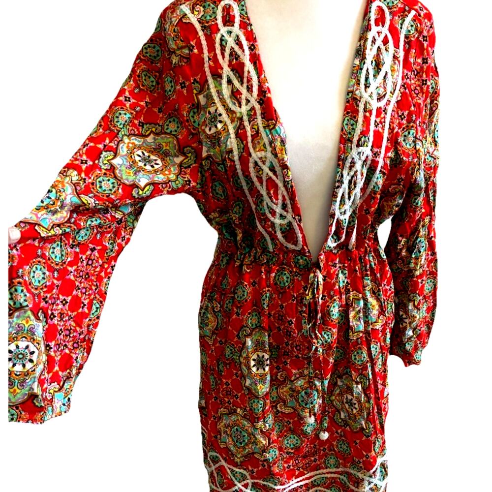 Gianni Bini Paisley Boho Tunic Coverup Fairy Cottage Resort Crochet Tie Waist L